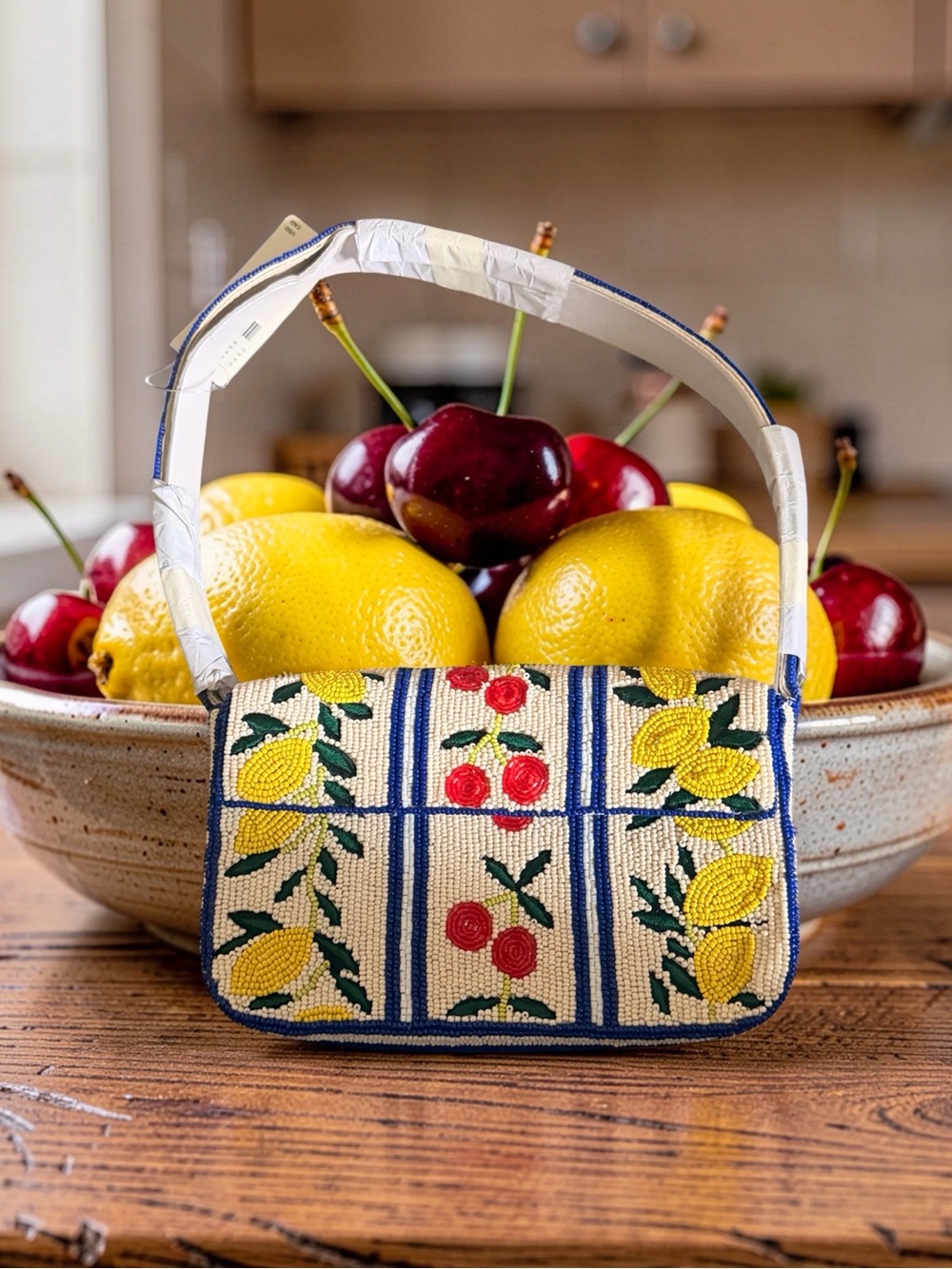 Anthropologie Beaded Lemon & Cherry Shoulder Bag - Yellow/Red/Blue/Cream